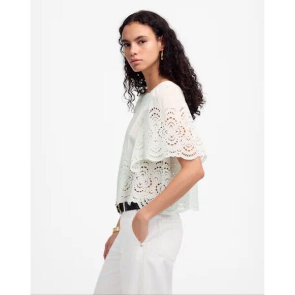 Madewell Womens Flutter-Sleeve Blouse White Sz XS Flowy Feminine Embroidered Top - Picture 5 of 15